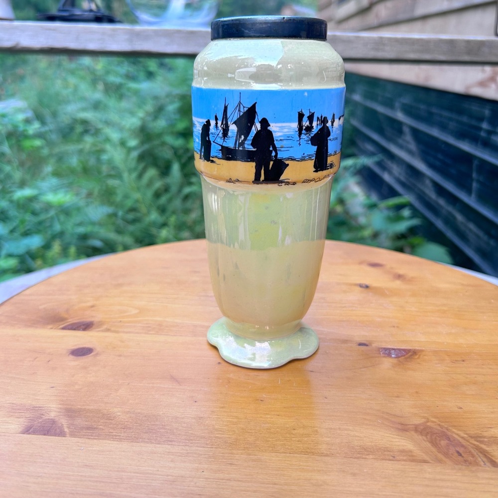 Vintage Art Deco Iridescent Fisherman Silhouette Vase Lancaster & Sons England